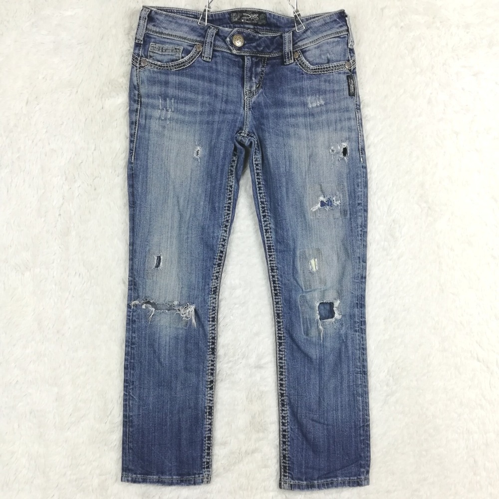 Silver Jeans‎ Womens Tuesday Rose Capri Blue Denim Distressed Low Rise Stone 26